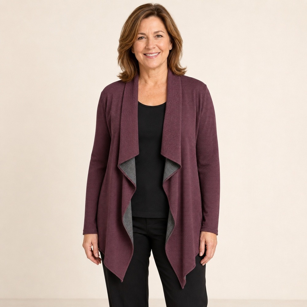 Chico's Weekends Women's Size 2 Burgundy Gray Waterfall Open Front Cardigan